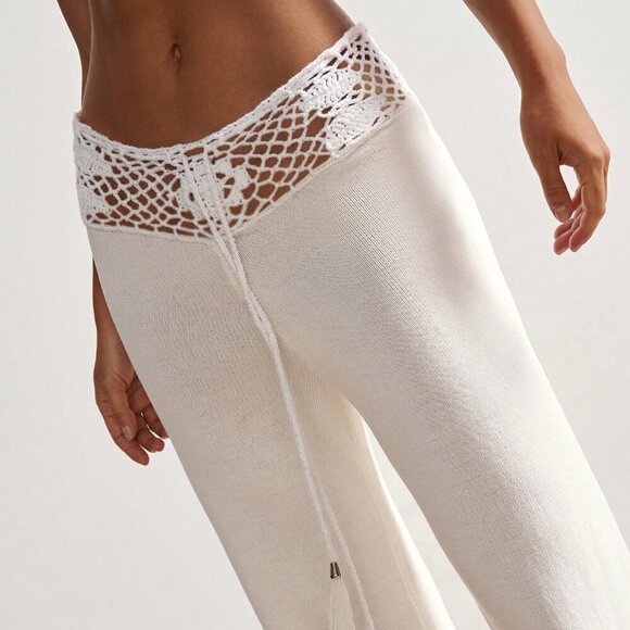 White Elegant Women's Boho Vacation Style Crocheted Waist Tie Knitted Pants - Picture 4 of 7